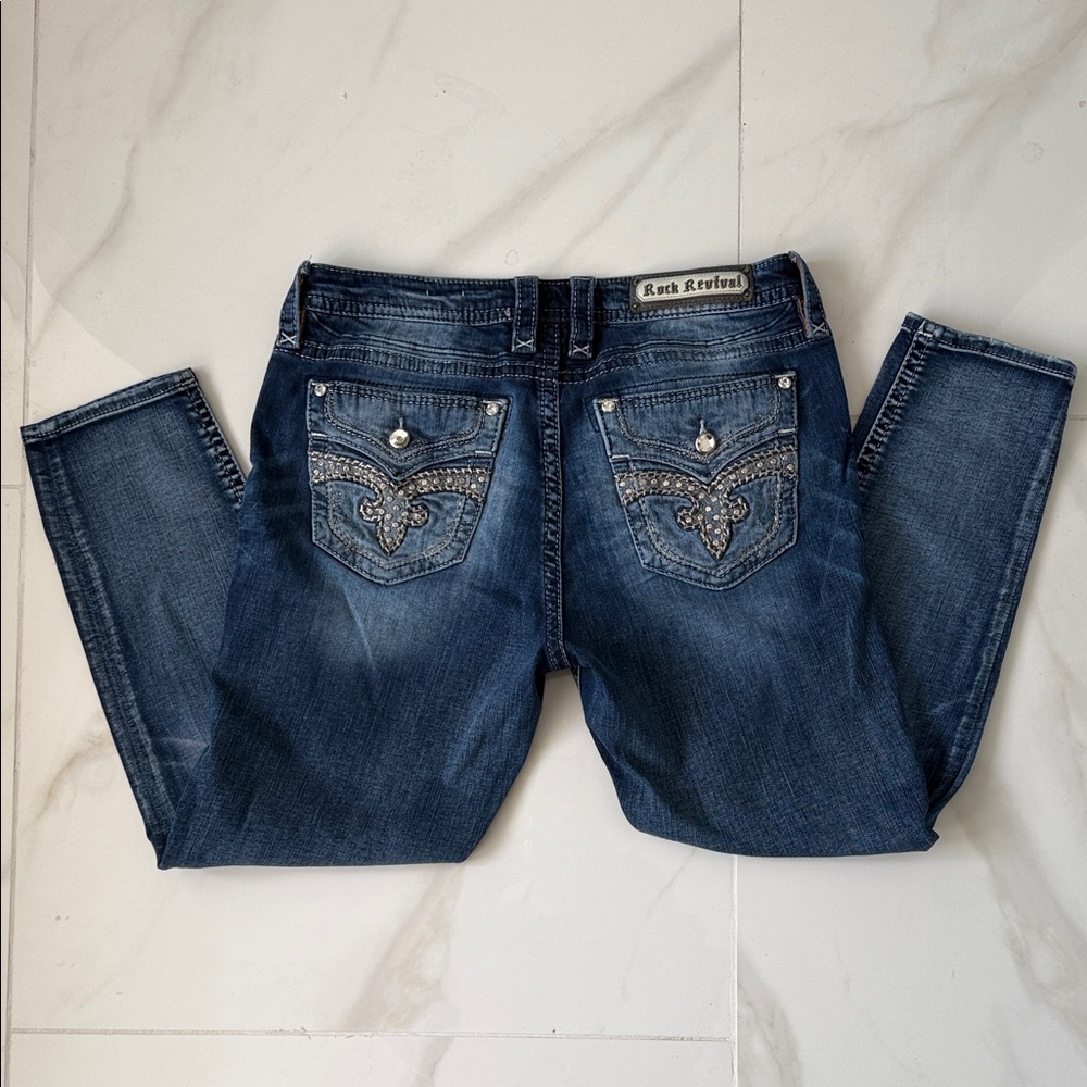 Rock Revival Medium Dark Blue Rhinestone Pocket Slim Ankle Jeans